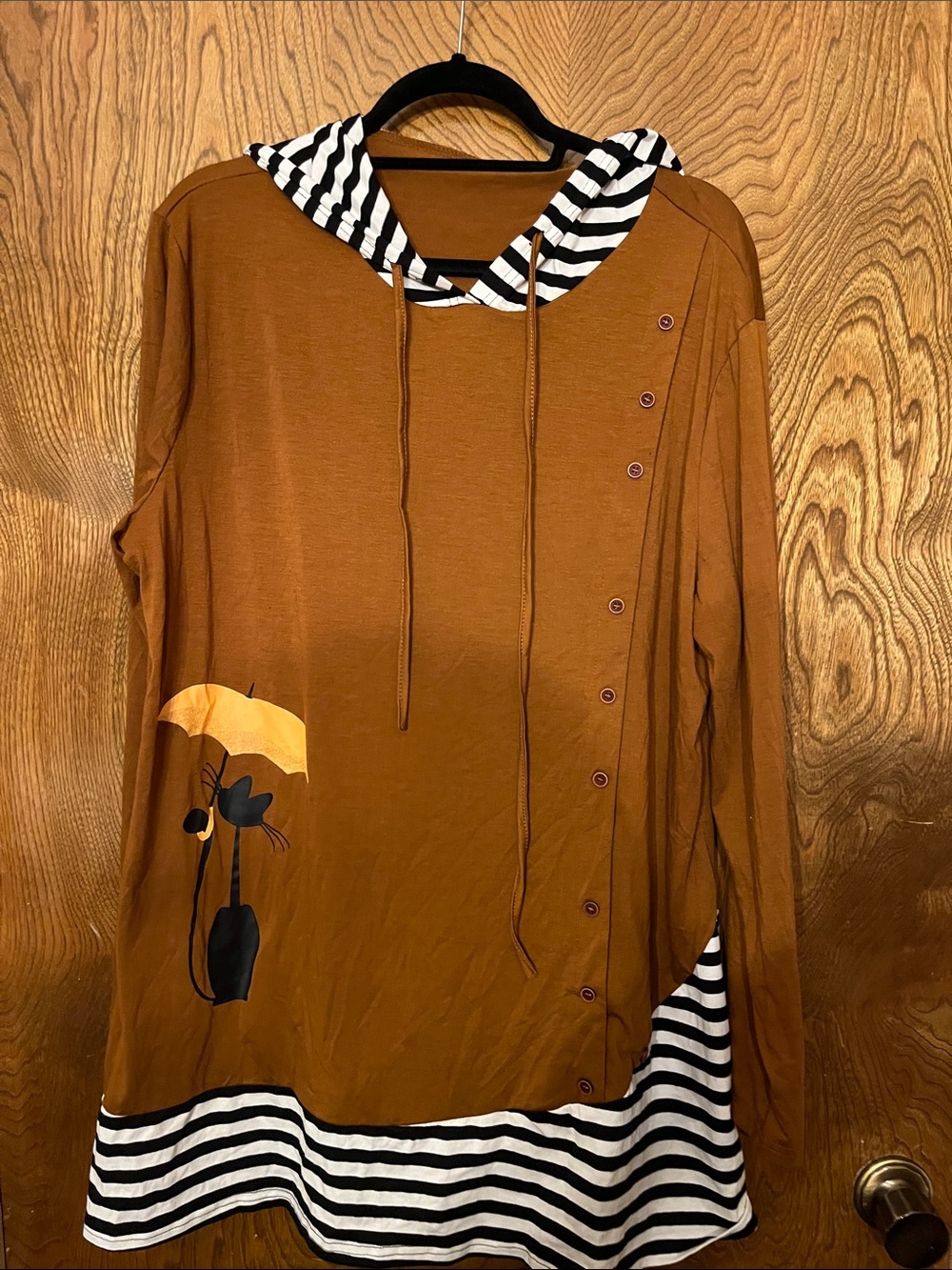 1X Striped Hooded Tunic top in Brown with Umbrella Detail and cat